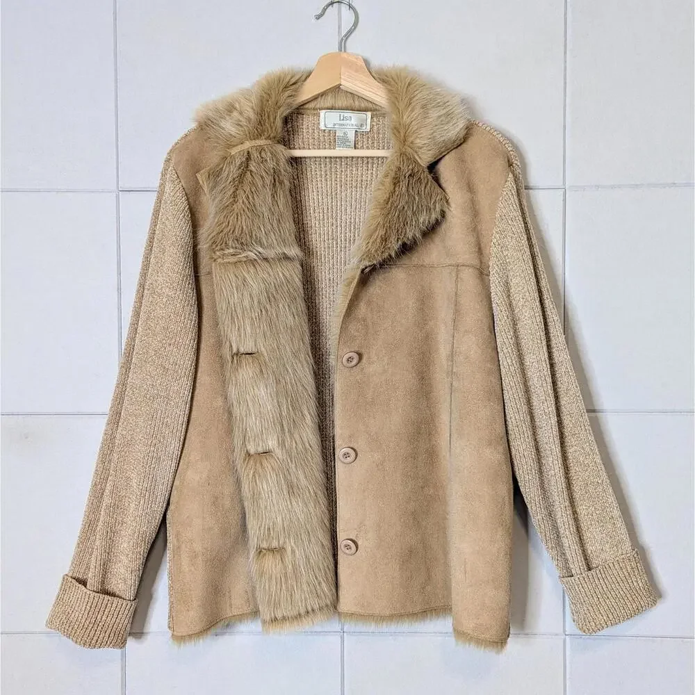 Vintage 90s faux fur & suede boucle knit cardigan jacket